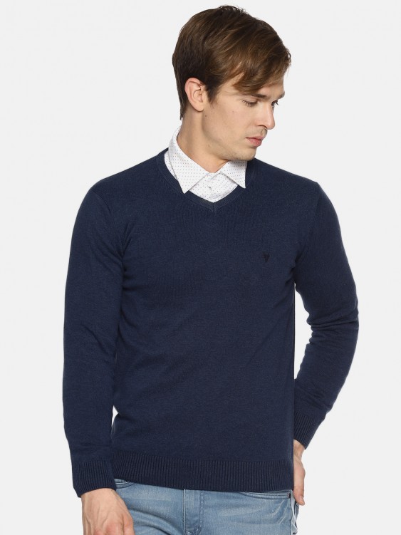 Navy Blue Solid V-Neck Sweater