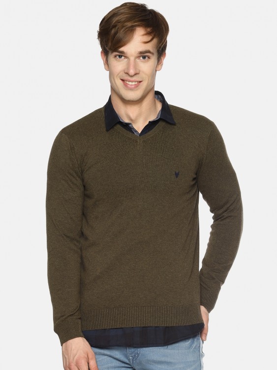 Olive Green Solid V-Neck Sweater