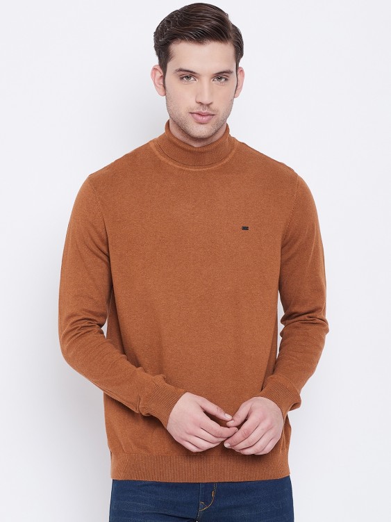 Tan Melange Solid Turtle Neck Sweater