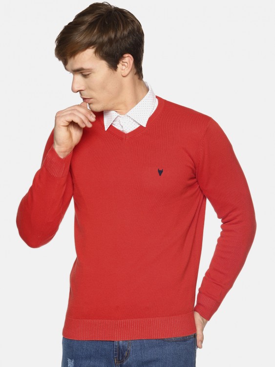 Red Solid V-Neck Sweater