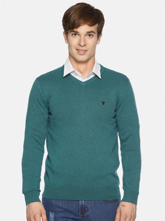Green Solid V-Neck Sweater