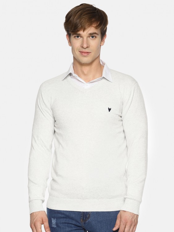 White Solid V-Neck Sweater