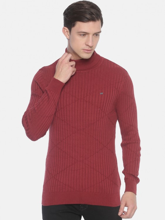 Red Solid High Neck Sweater