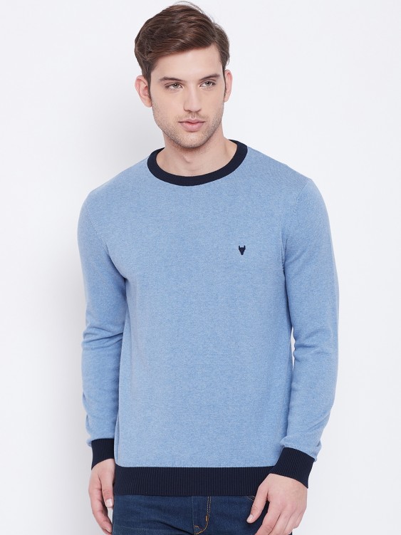 Sky Blue Solid Round Neck Sweater