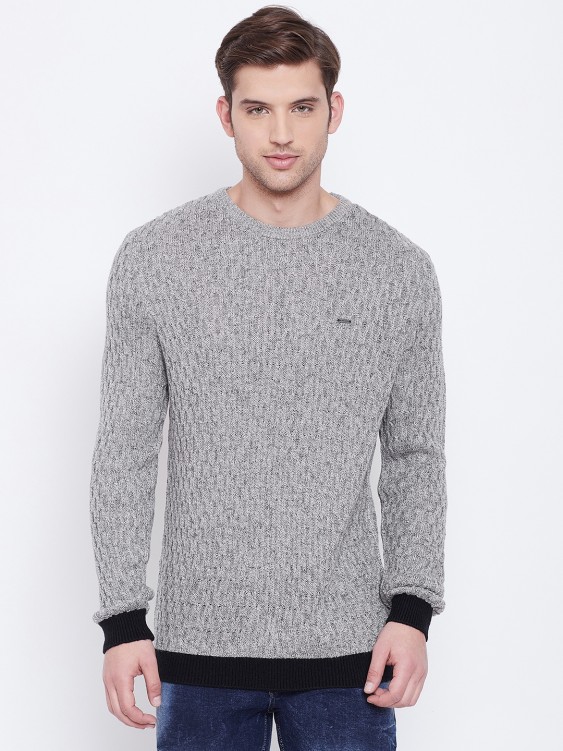 Grey Self Design Round Neck Sweater