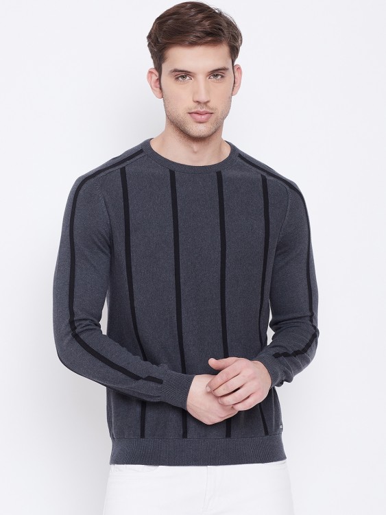 Grey & Black Striped Round Neck Sweater