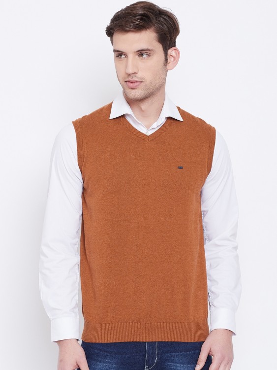 Brown Solid Sleeveless V-Neck Sweater