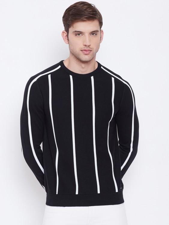 Black & White Striped Round Neck Sweater