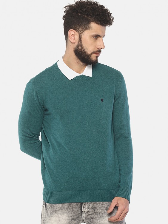 Green Solid Round Neck Sweater