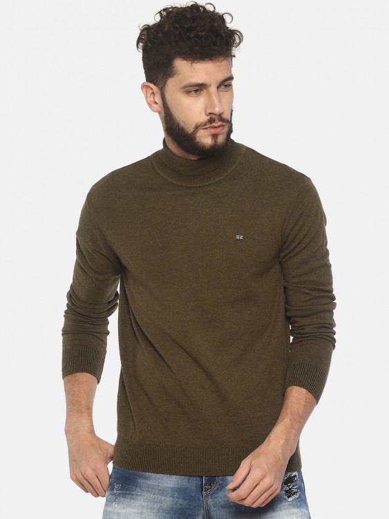 Olive Solid High Neck Sweater
