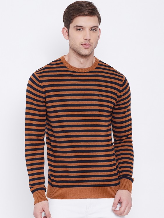 Tan Brown & Navy Striped Round Neck Sweater