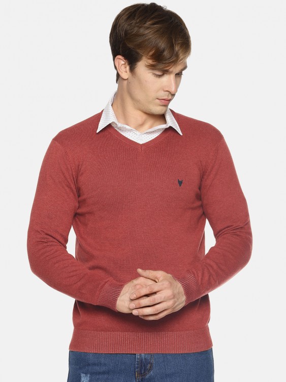 Red Melange Solid V-Neck Sweater