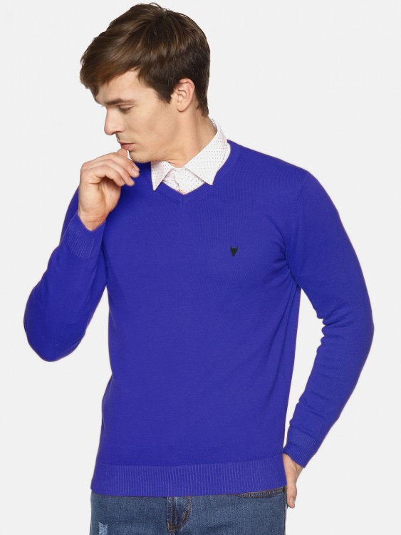 Royal Blue Solid V-Neck Sweater