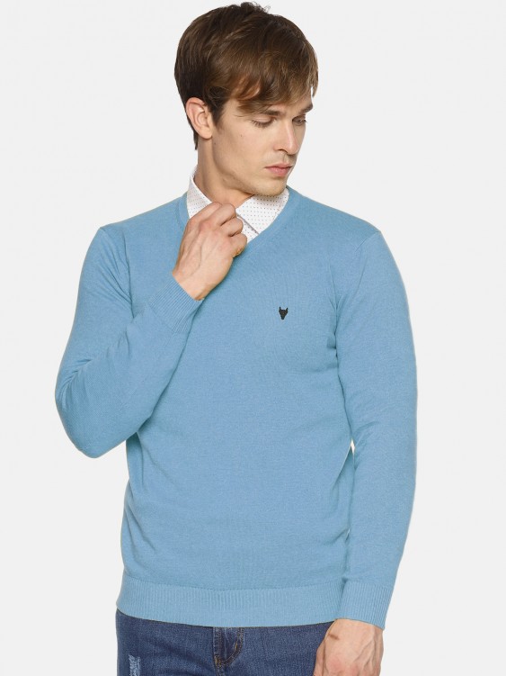 Sky Melange Solid V-Neck Sweater