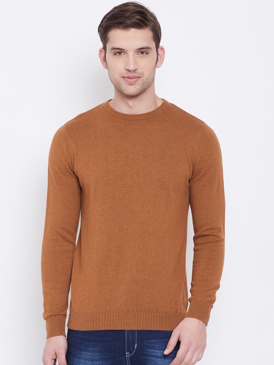 Tan Melange Solid Round Neck Sweater