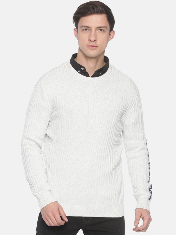 Ecru Solid Round Neck Sweater