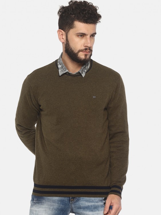Dark Olive Solid Round Neck Sweater