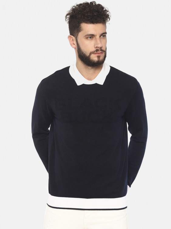 Navy Blue Solid Round Neck Sweater