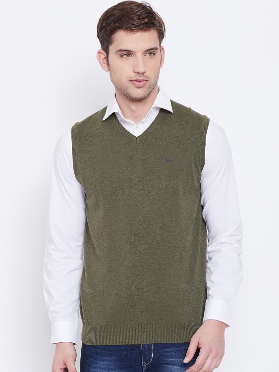 Olive Solid Sleeveless V-Neck Sweater