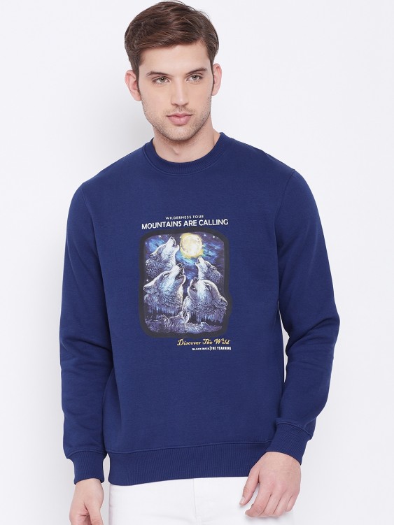 Denim Blue Printed Round Neck Sweatshirt