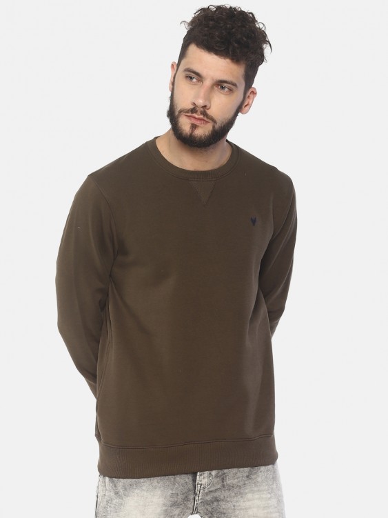 Olive Solid Round Neck Sweatshirt