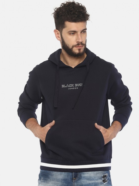 Navy Blue Logo Print Hooded Sweatshirt