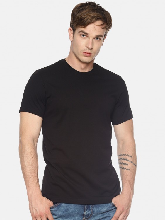 Black Solid Round Neck Half Sleeve Cotton T-Shirt
