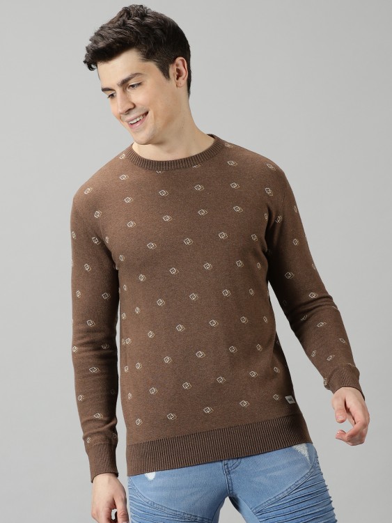 All Over Structured Brown Melange Cotton Sweater