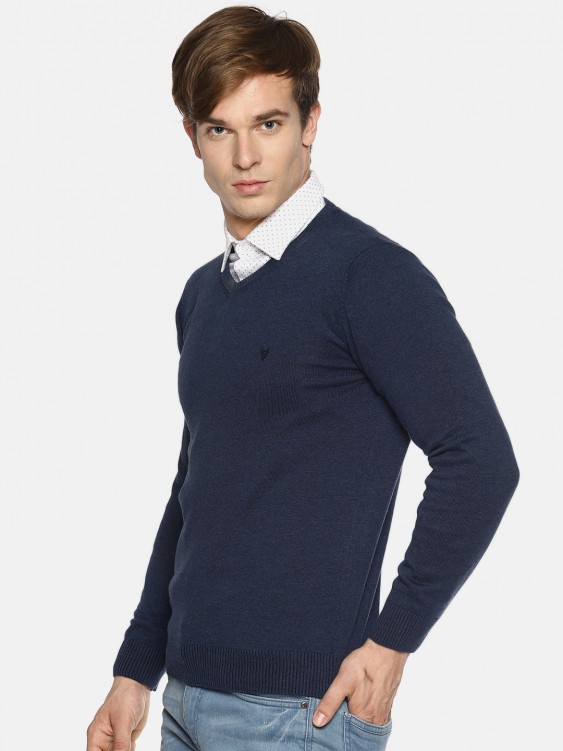 Navy Blue Solid V-Neck Sweater