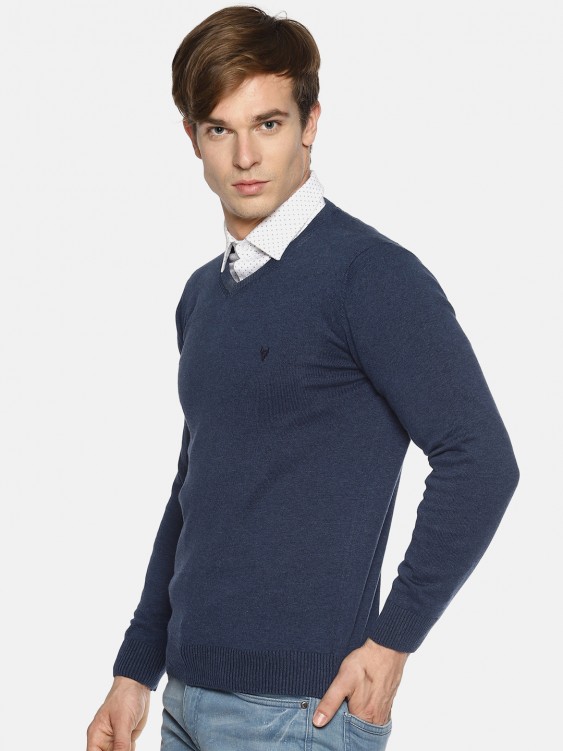 Denim Blue Solid V-Neck Sweater