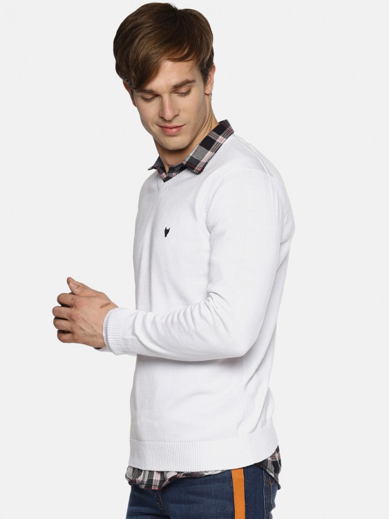 White Solid V-Neck Sweater