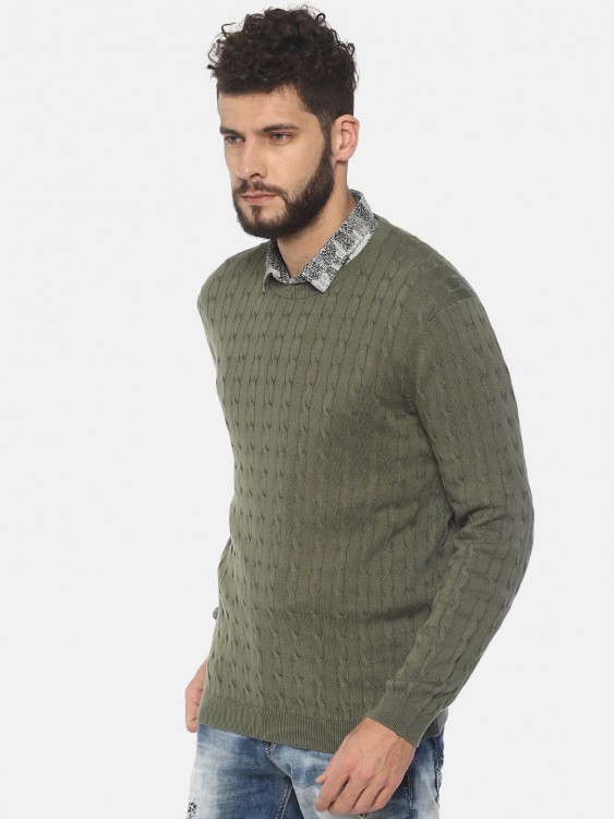 Olive Green Self Design Round Neck Sweater