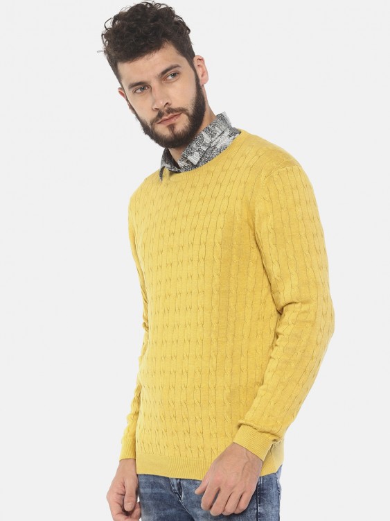 Yellow Self Design Round Neck Sweater
