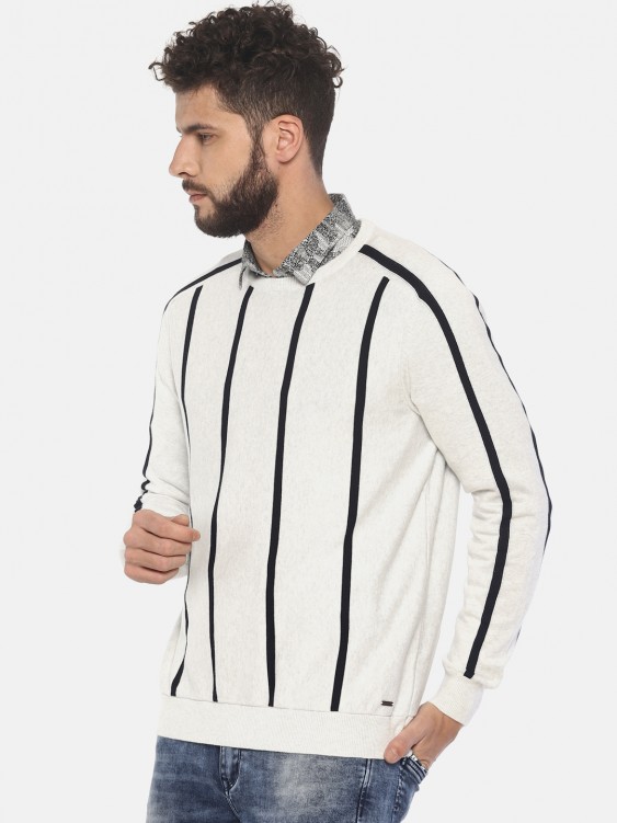 White Striped Round Neck Sweater