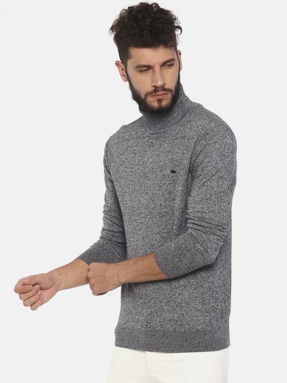 Grey Self Design Turtle Neck Sweater