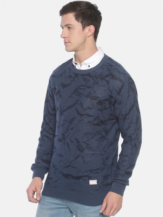 Denim Blue Printed Round Neck Sweater