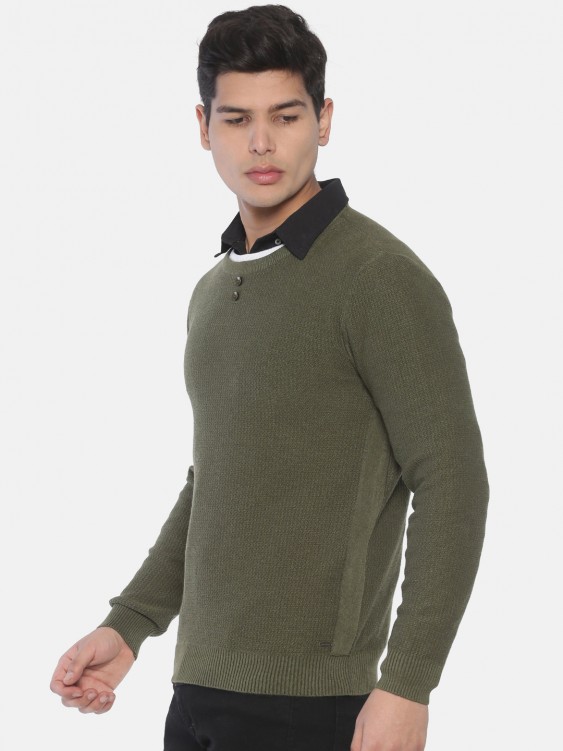 Olive Solid Round Neck Sweater