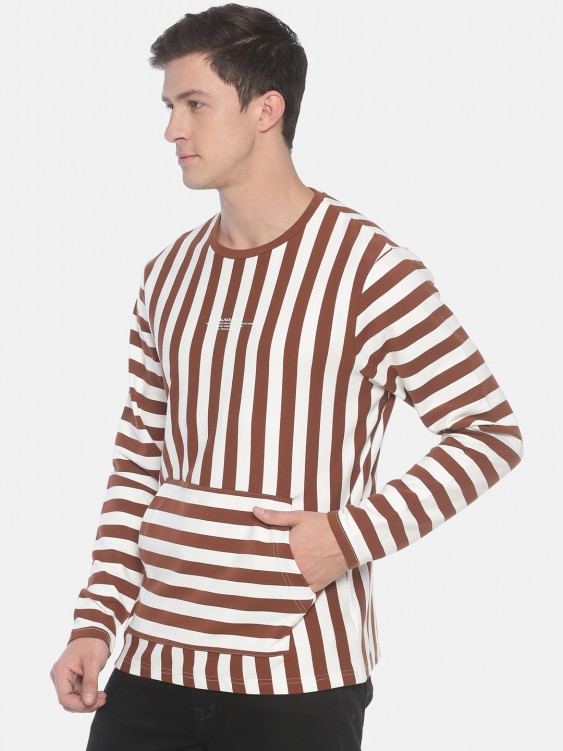 Brown & White Striped Round Neck Sweatshirt
