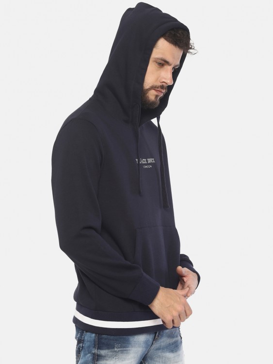 Navy Blue Logo Print Hooded Sweatshirt