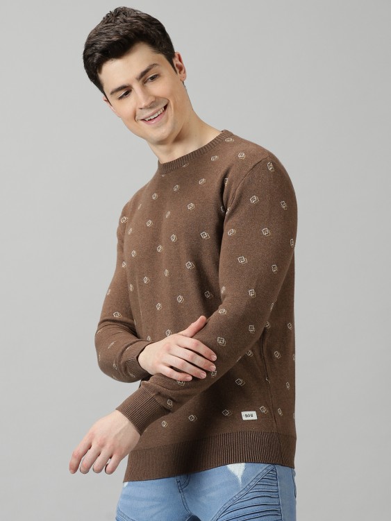 All Over Structured Brown Melange Cotton Sweater
