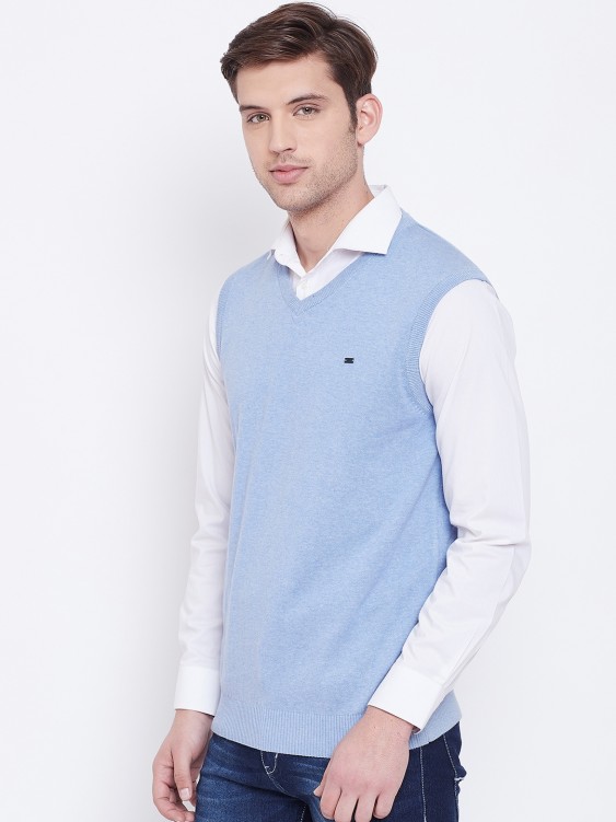 Blue Solid Sleeveless V-Neck Sweater