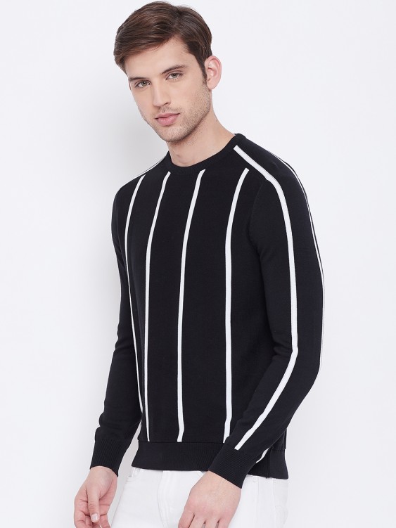 Black & White Striped Round Neck Sweater