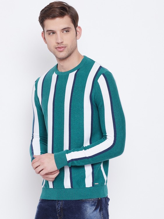 Green & White Striped Round Neck Sweater