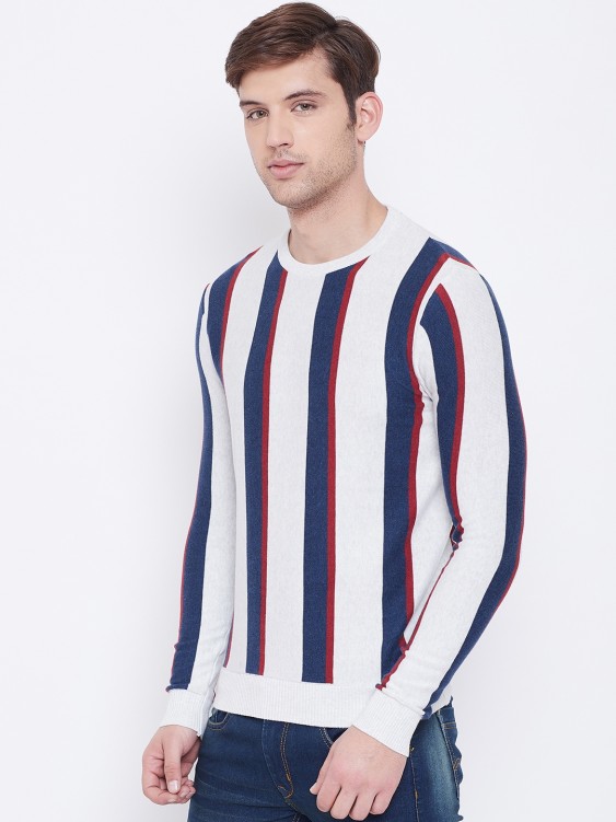 White & Blue Striped Round Neck Sweater