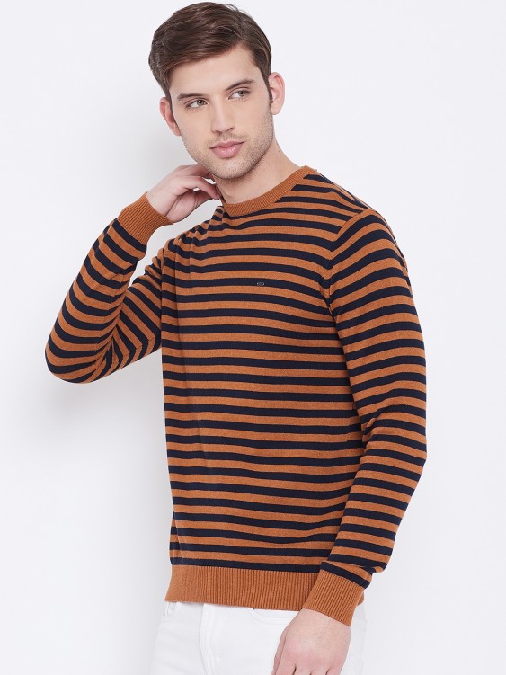 Tan Brown & Navy Striped Round Neck Sweater