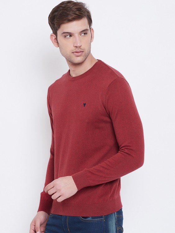Red Melange Solid Round Neck Sweater