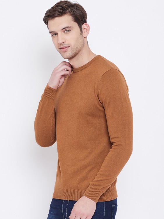 Tan Melange Solid Round Neck Sweater