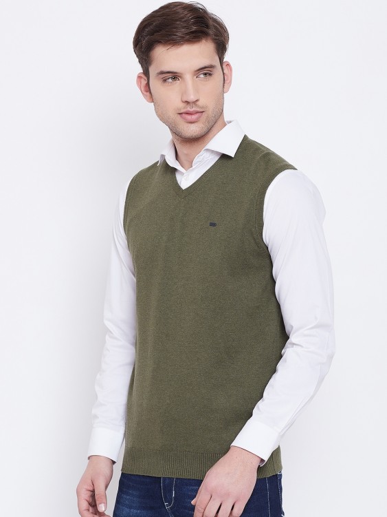 Olive Solid Sleeveless V-Neck Sweater