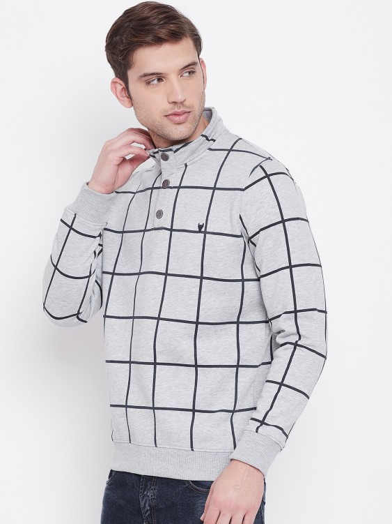 Grey Melange Checkered High Neck Sweatshirt
