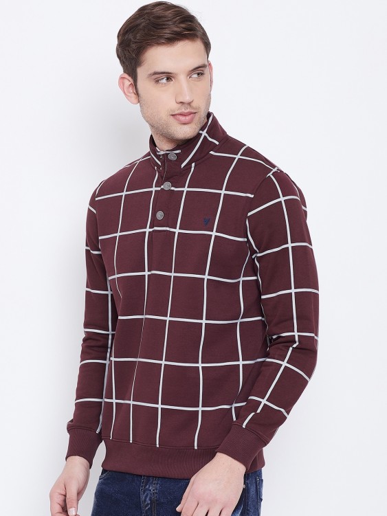 Wine Checkered High Neck Sweatshirt